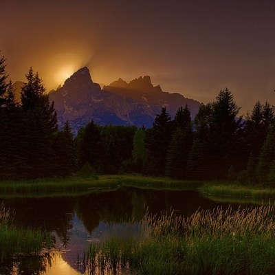 a pond surrounded by green grass and trees