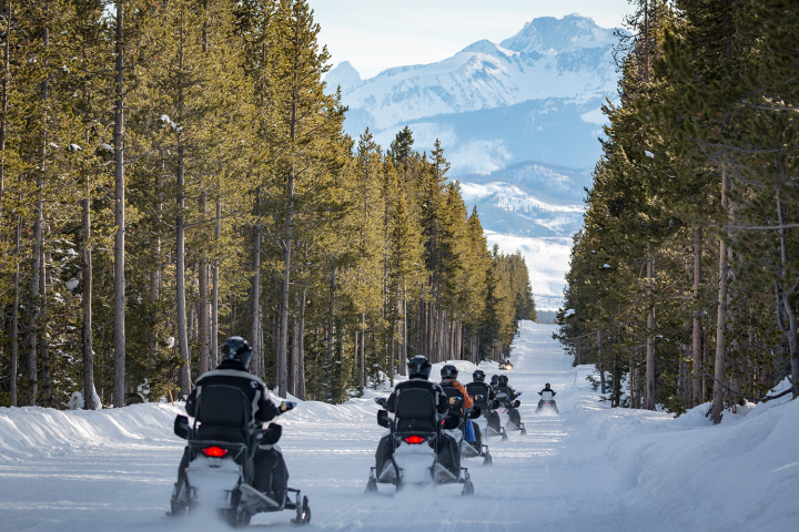 a group of people cross country skiing in the snow